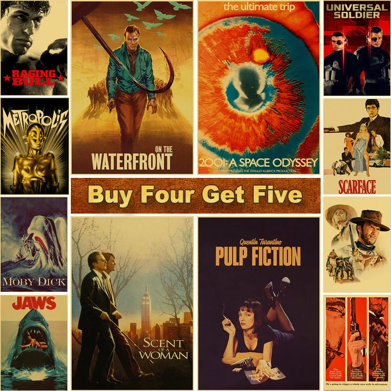 

Various Classic Movie Pulp Fiction JAWS Poster Vintage Kraft Paper Posters Retro Poster Sticker Room Bar Decorative Painting