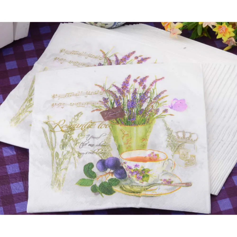 

20Pcs Purple Lavender Flower Vase Paper Napkin Vintage Decoupage Placemats For Wedding Cafeshop Party Decoration Supplies