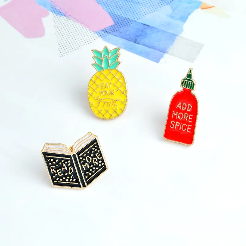 

ADD MORE SPICE Enamel Lapel Pin Brooch Badge for Clothes Hat Jeans Backpacks Decoration for Woman Men Pineapple Book Brooch kl23