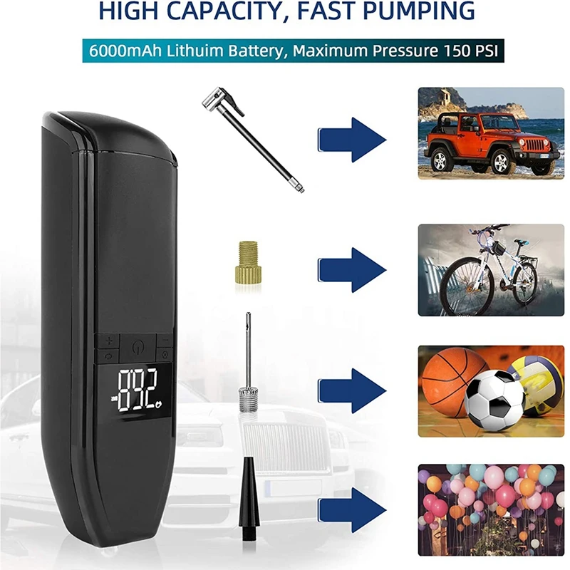 Comprar Compresor De Aire Portátil Para Neumáticos De Coche, Inflador De Neumáticos De Mano De 6000MAh, Con Bomba De Aire Inalámbrica Digital De 150 PSI, Para Coche Y Bicicleta