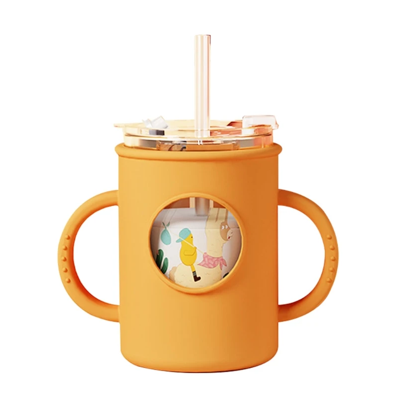 

54DA Anti-falling Baby Milk Cup with Straw Silicone Double Handle Sleeve Children Water Cup Portable Kids Drinking Glasses for