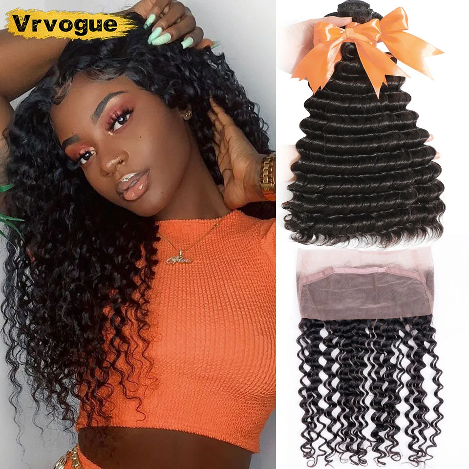 Vrvogue волосы глубокая волна пряди с 360 фронтальной бразильской Remy человеческие