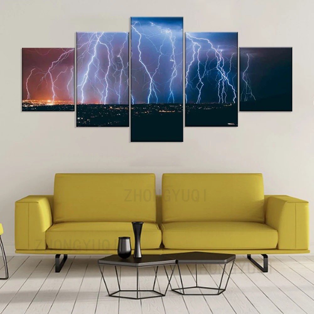 5 панелей ударе молнии Холст Картина Wall Art Home Decor Абстрактная живопись через время