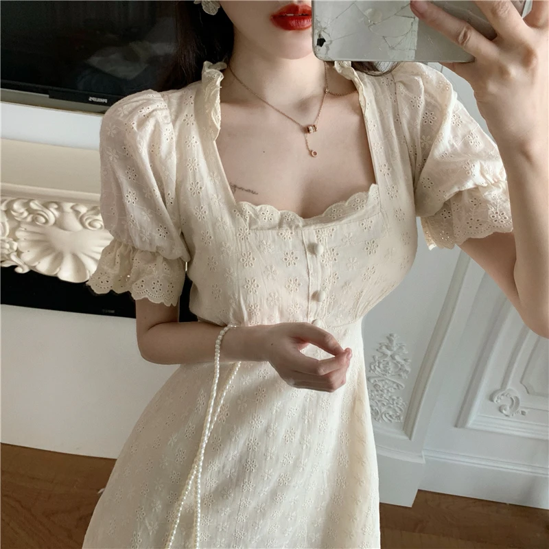 

Women solid summer dress square neck puff sleeve vestidos empire mini dress jurken zomer 2020 female elegant mujer robe femme