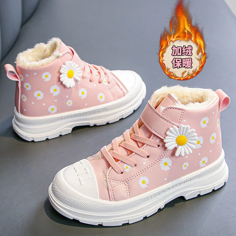 

Girls' Pink Princess Plush Little Daisy Print Martin 5-12 Years Kids' Short Leather Boots 2021 Winter Keep Warm Cotton Shoes