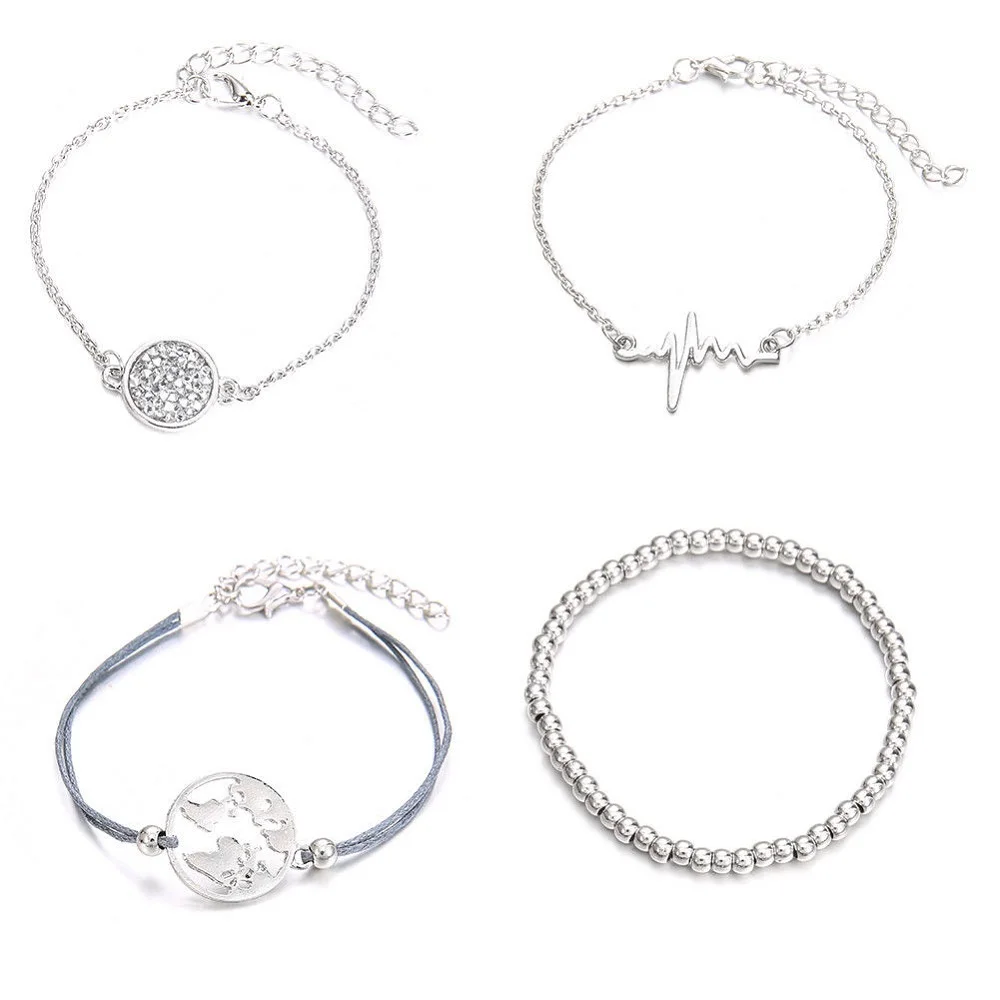 

4 pcs/set Fashion Bohemia Leaf Round Knot cuff Bangle Gold Chain Charm Bracelet Bangle for Women Simple Geometric Bracelets