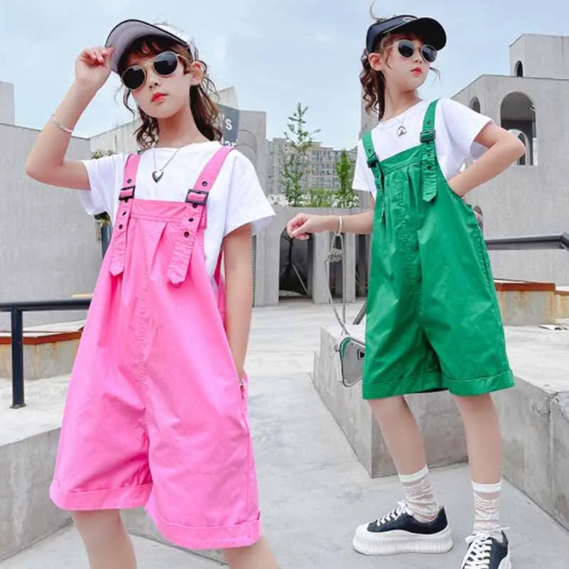 

Cultiseed Girls Summer Short Sleeve T-Shirt+Candy Color Romper 2pc Sets Overalls Big Children Kids Students Casual Jumpsuits