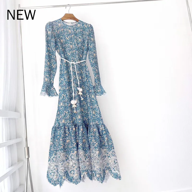 

high quality 100% linen embroidery elegant flare sleeve floral printed Dresses Women 2020 Spring autumn belt long Dress S266 new