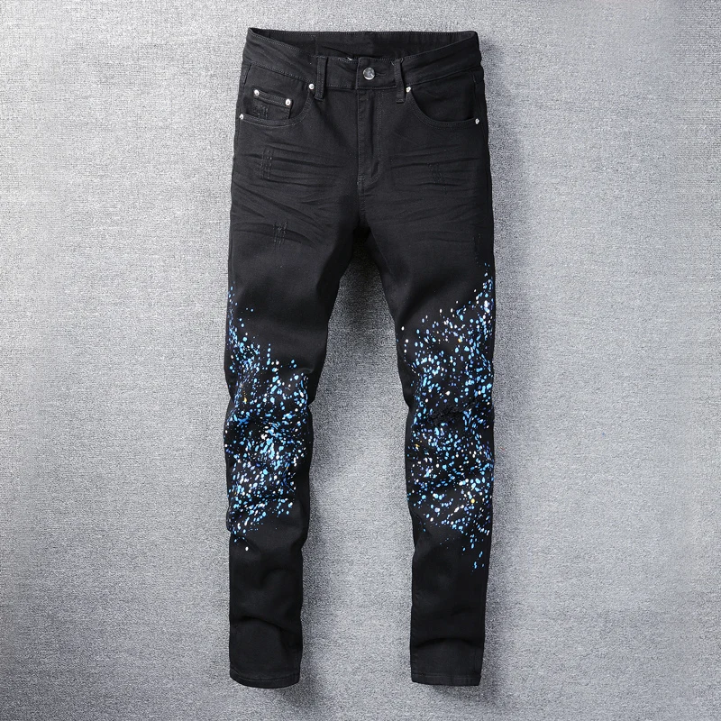 Джинсы мужские рваные стрейчевые, модные брюки из денима в уличном стиле, в стиле хип-хоп, зауженные, разбрызгивающие, черные
