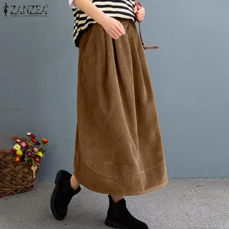 

Oversize Women's Autumn Sundress ZANZEA 2022 Kaftan Corduroy Skirts Casual Elastic Waist Maxi Vestidos Female Solid Robe Femme
