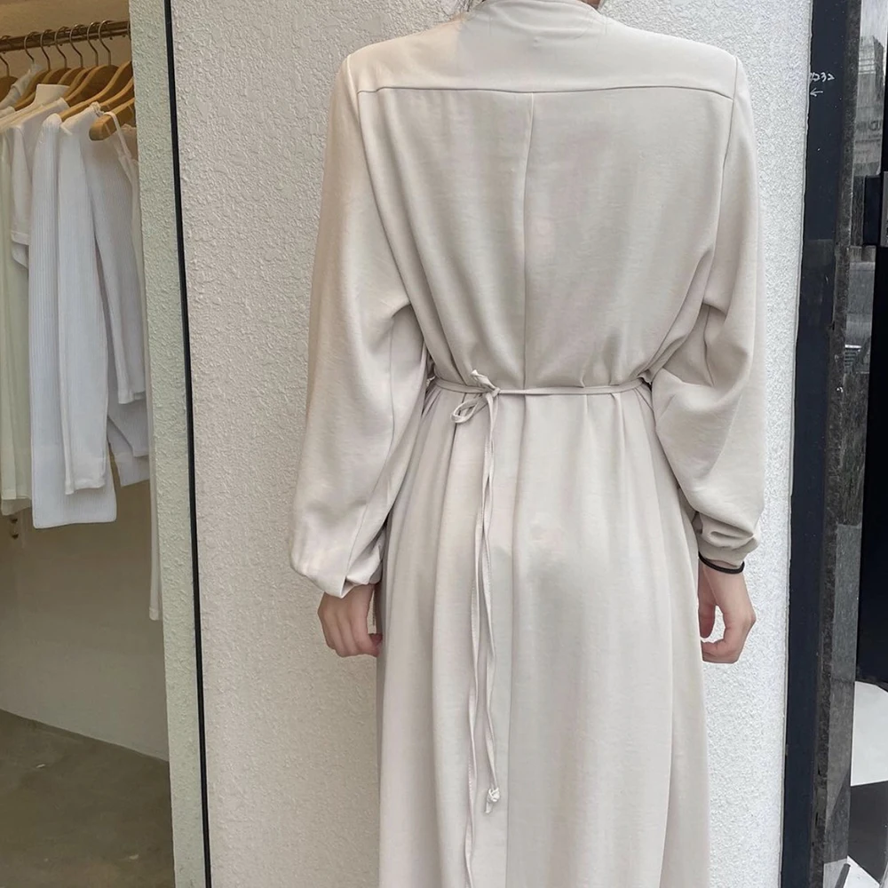 

Korean Fashion Temperament 2021 Spring Summer Women's Dress Casual Simple Designer Solid Color V-neck Long Sleeve