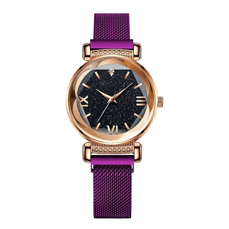 Purple2 Креативные звездное небо часы женские кварцевые цифровые светящиеся магнитные женские наручные часы из розового золота с геометрическим кристаллом Reloj Mujer Роскошные - Цвет: Purple2