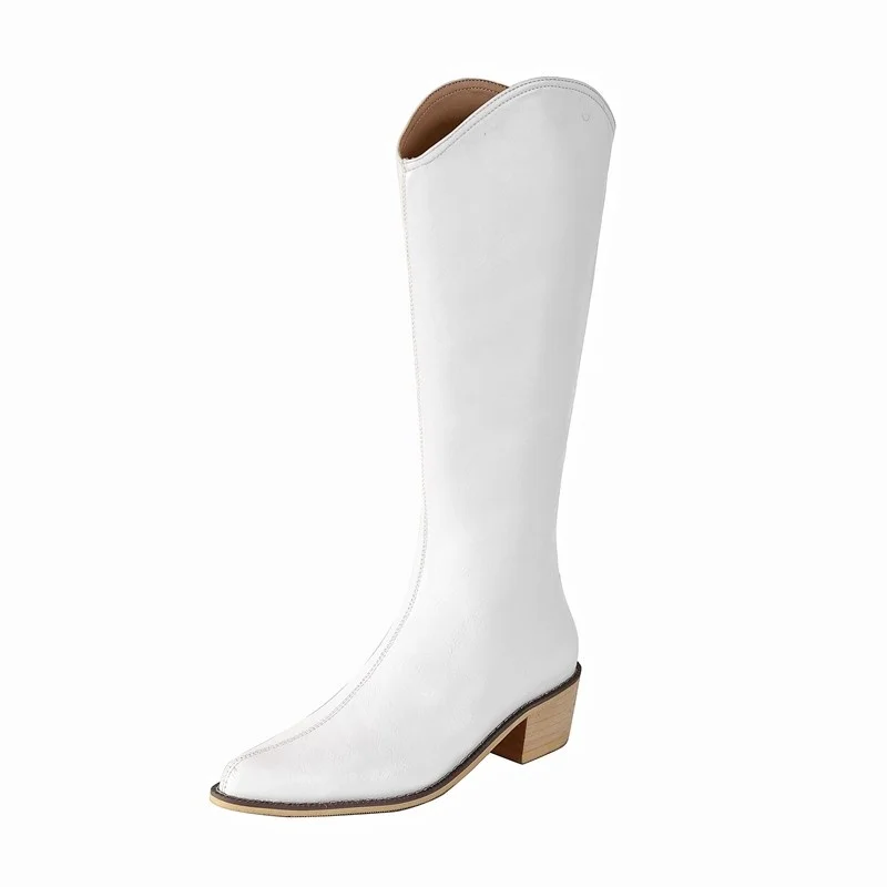 

Knee high boots for women wide calf Female shoes autumn new arrival 2020 pointed toe mid chunky heels V-cut western boots white