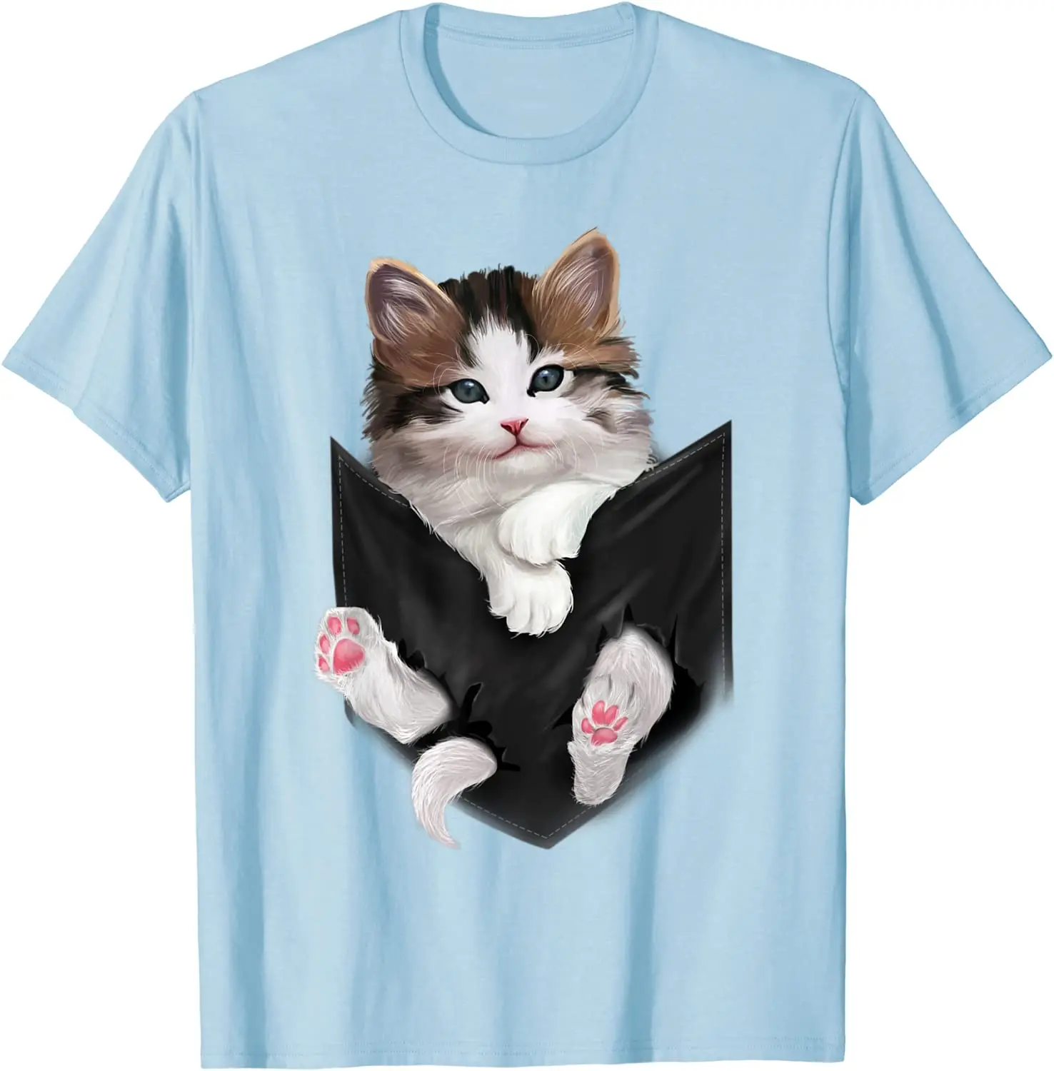 

2021 T Shirt Women Kawaii Summer Tops T-shirt Tee Shirt Unisex Cute White Kitty in Pocket T-Shirt Cats Tee Shirt Gifts