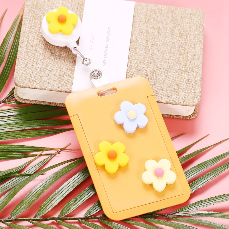 

Name ID Card Badge Holder With Flower Retractable Badge Reel Clip School Office Supplies Work Certificate Identity Case