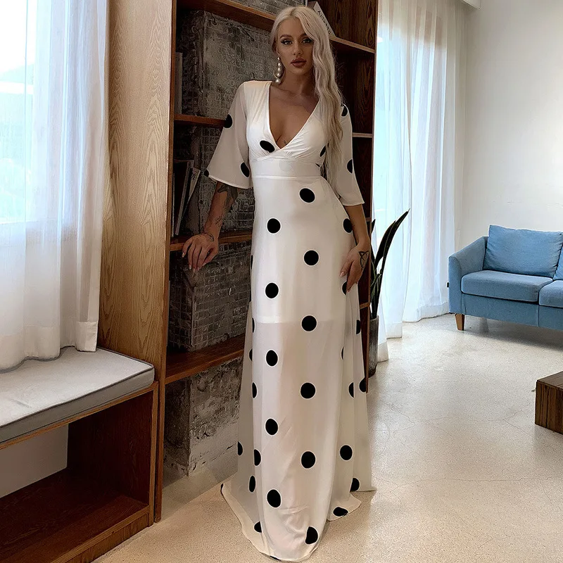 

Donsignet Fashion Chiffon Dress Women New Summer Wave Point High Waist Thin V-neck White Dress for Women Print Woman Dress