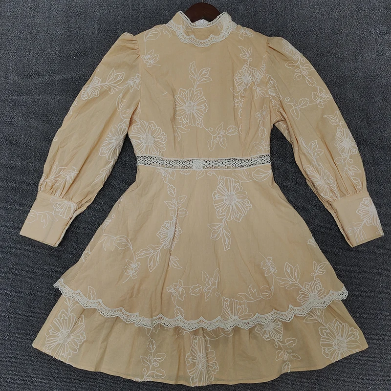 

VGH Elegant Embroidery Dress For Women Stand Collar Long Sleeve High Waist A Line Patchwork Mini Dresses Female Summer 2021 Tide