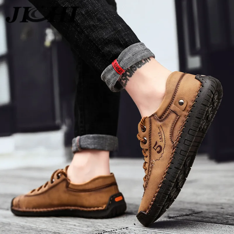 

JICHI Men Shoes Leather Casual Comfortable Flat Men Leather Shoes Warm Waterproof Men Shoes Casual Lace-Up Shoes Big Size 48