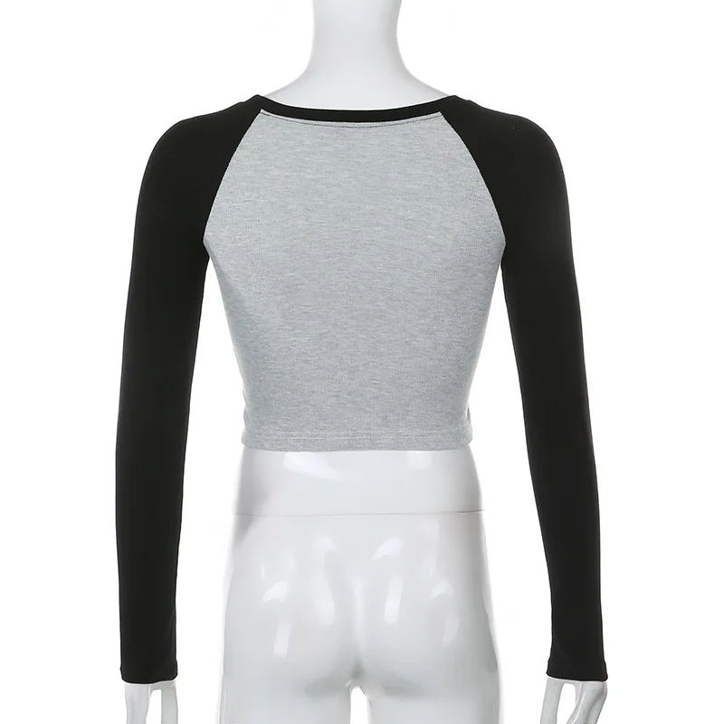

Mandylandy T-shirt Spring Summer Fashion Long Sleeve O-Neck T-shirt Women's Casual Slim-Fit Patchwork Short T-shirt
