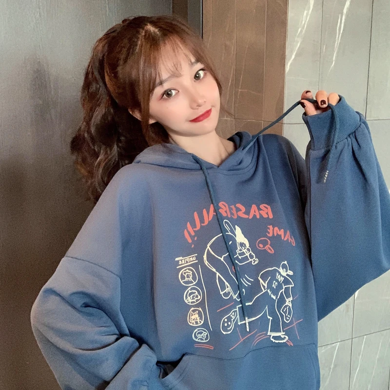 

Women Student Cartoon Printing Hooded Fleece Female French Terry Chic Coat Autumn Winter MTW600108