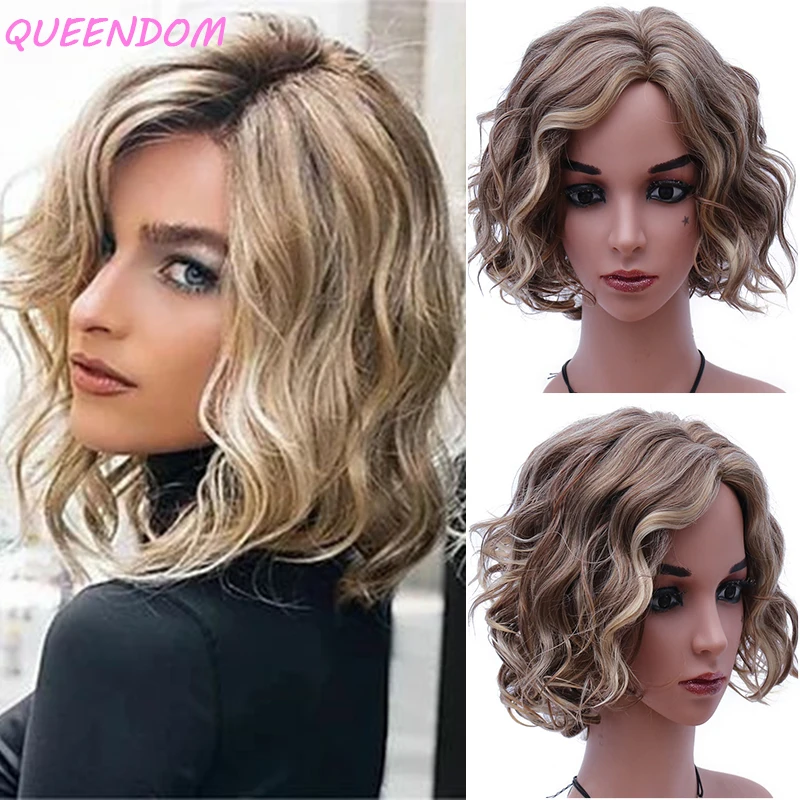 

Synthetic Wavy Wigs Short Curly Bob Wig Ombre 613 Honey Blonde Blunt Cut Wig Natural High Temperature Cosplay Hair Wig for Women