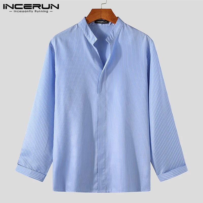 

Man Loose Button Dress Shirt Spring Camisa INCERUN Men Leisure Striped Shirts Long Sleeve Stand Collar Blouse Korean Style 5XL 7