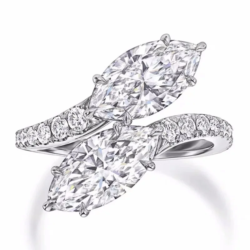 

2021 New Korean Style Niche Design Two Leaf Engagement Open Ring with Pave Moissanite Oval CZ Top Women Jewelry Fashion Trend