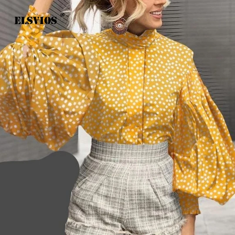 

Ladies Elegant Blouse Stand-up Collar Lantern Sleeve Buttons Top Shirt Spring Fall 2021 Women New Fashion Printed Office Blouses