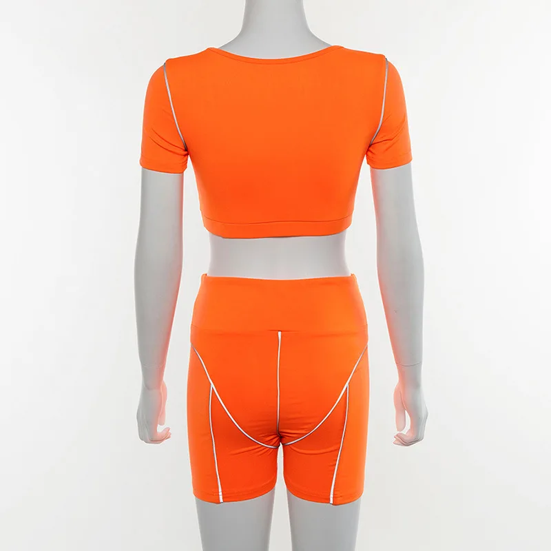 

HAOOHU 2019 Casual Neon Two Piece Set Women Tracksuit Sporty Reflective Crop Top And Biker Shorts Set Active Wear Matching Set