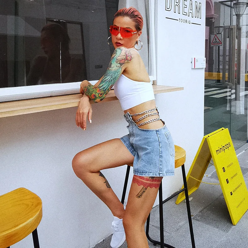 

Summer Hot Denim Shorts for Women Sexy Chain Streetwear Casual Jeans Shorts High Waist Worn-out Hole Blue Shorts Lady