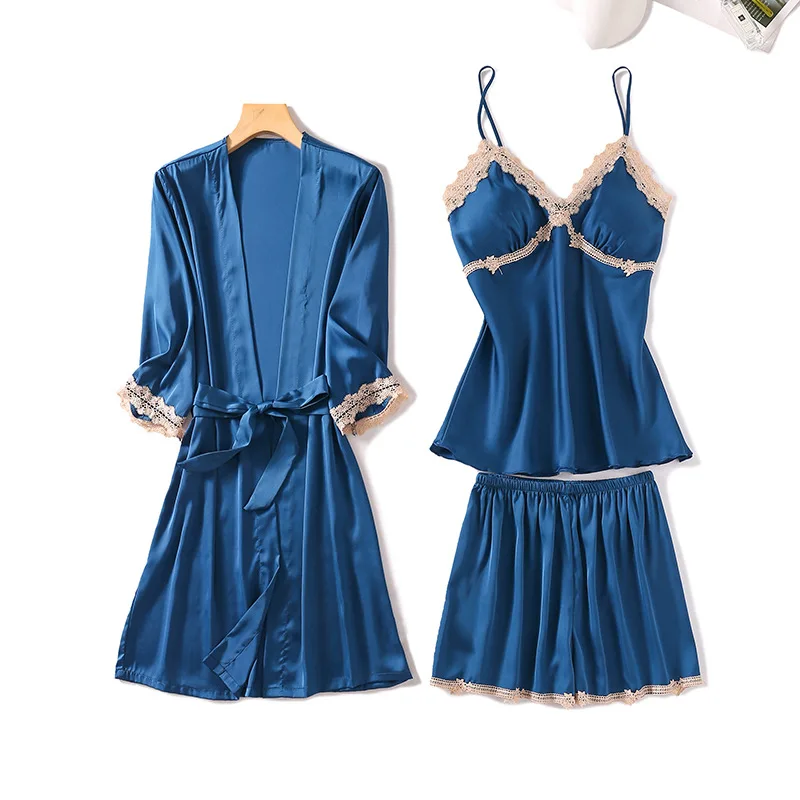 

Sexy Lace Women 3Pcs Silk Satin Robe Sling Shorts Sleepwear Suit Summer Pijama Mujer Lingerie Female Pyjama Pajama Set