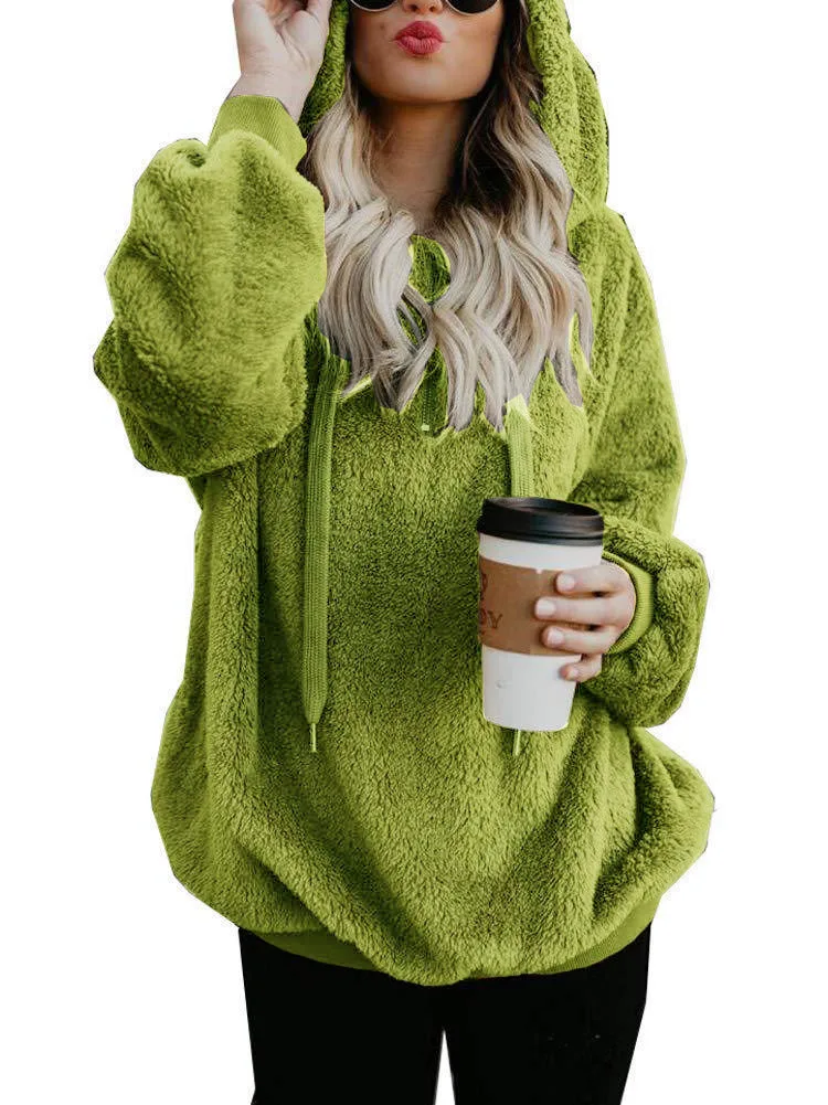 Women's Autumn Winter Suede Long-sleeve Hoodies Loose Casual Velour Hoodies Pullover Sweatshirt Large Size Sherpa Pink Clothes