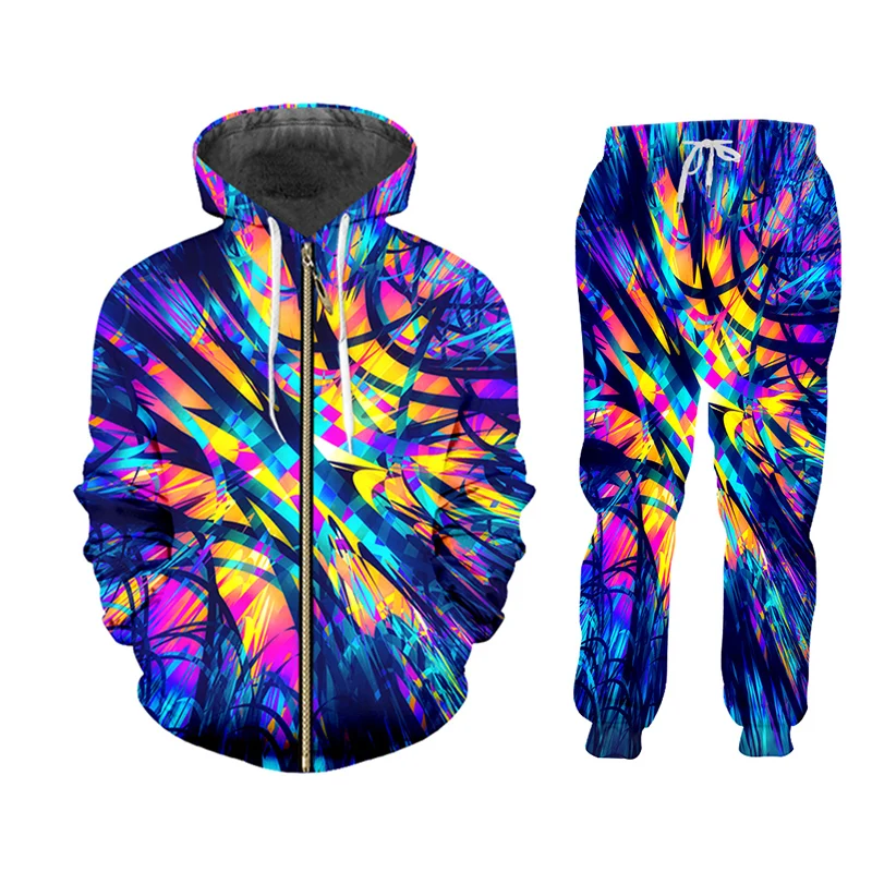 

UJWI New Sportswear Set Men 's Spring Autumn Zipper Sweatshirt Series 3d Colorful Lines Man Jogging Sports Suit Two Piece