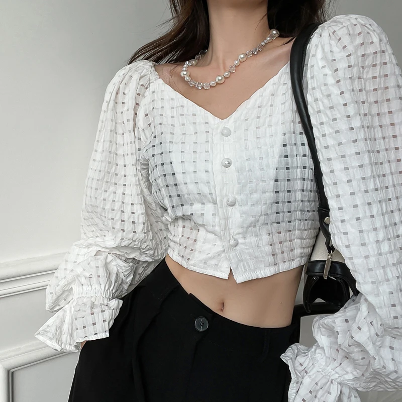 

2022 New Style Flared Sleeve Shirt Women Fashion V-neck Cropped Tops Black White Casual Pullovers Blouses Female