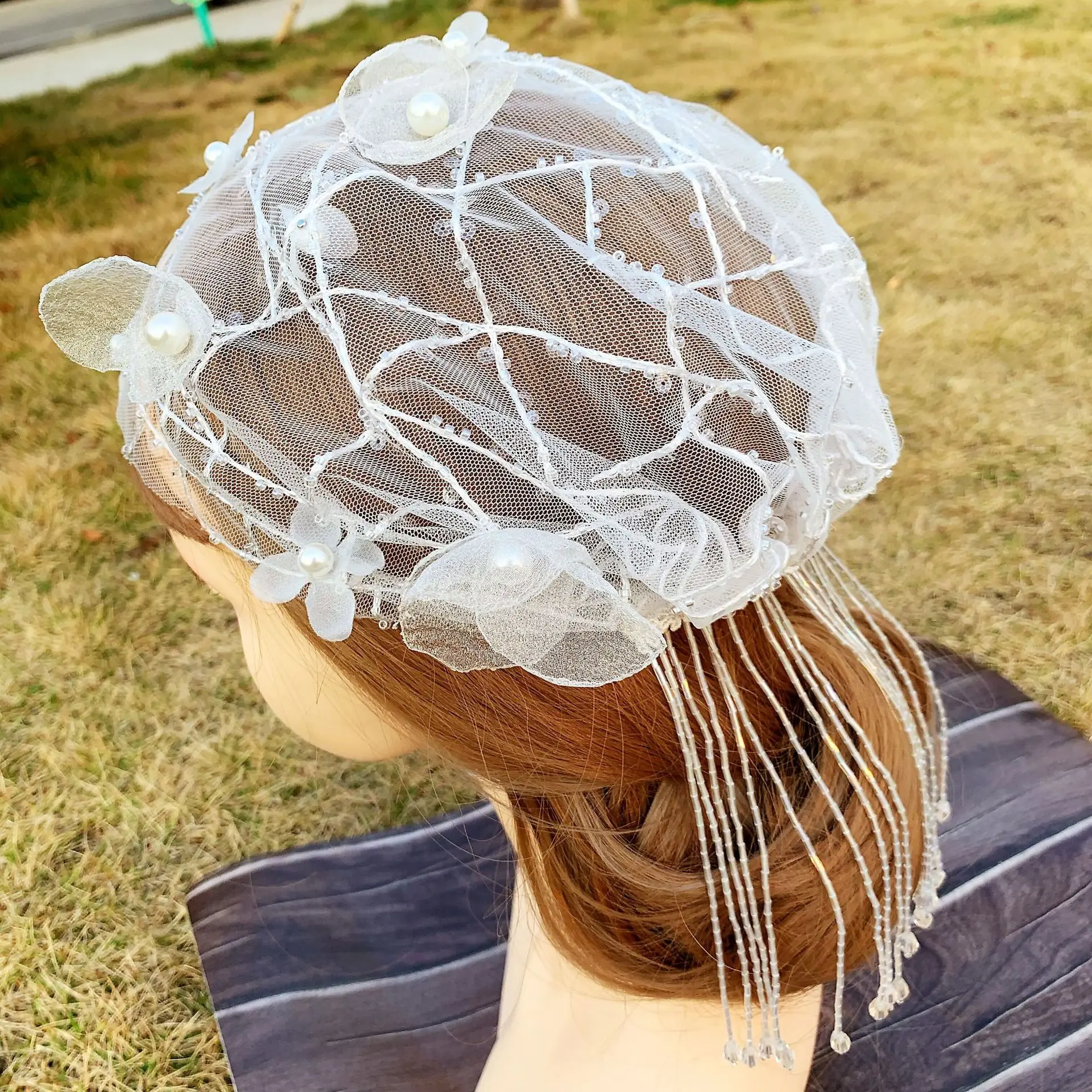 

2020 новое белое платье, с кружевным плетением, фата невесты феи, на свадьбу, на выпускной, вечерние бисера шляпа с кисточкой элегантные женски...