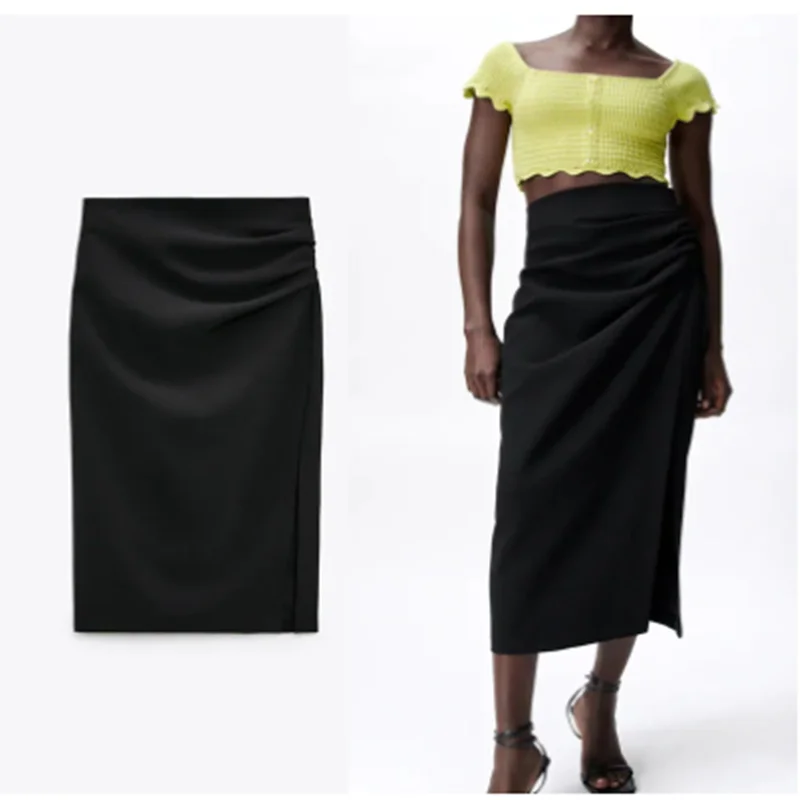 

ZA 2021 Summer Black High Waist Draped Skirt Women Vintage Slit Ruching Skirts Fashion Back Zip Feminine Elegant Pencil Skirt
