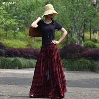 tiyihailey 2021 free shipping long maxi a line elastic waist women summer cotton chinese style s 2xl flower big hem skirt plaid