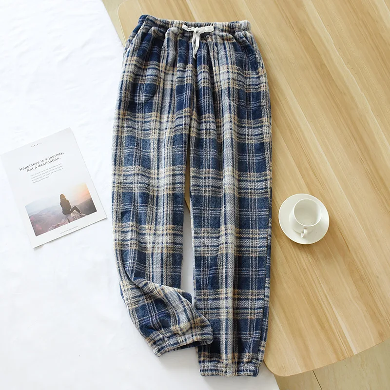 Fdfklak Japanese Style Plaid Women's Household Pants Fleece Loose Warm Sleepwear Home Pant Casual Pajamas Trousers M-2XL