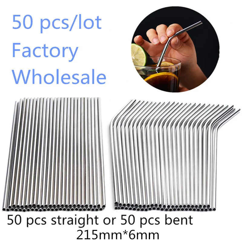 

Batch Straws 50Pcs/Set Metal Straw Reusable Wholesale Stainless Steel Drinking Tubes 215mm*6mm Straight Bent Straws For Drink