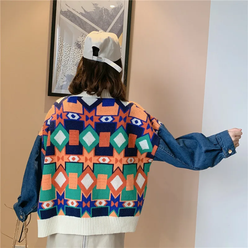 2021 Women's Full-sleeved Sweater Coat Casual Autumn And Winter Clothing Geometric Denim Fashion Comfortable |