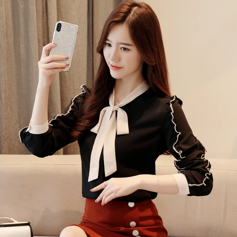 Модные женские топы и блузки Красная Шифоновая Блузка рубашка с длинным рукавом