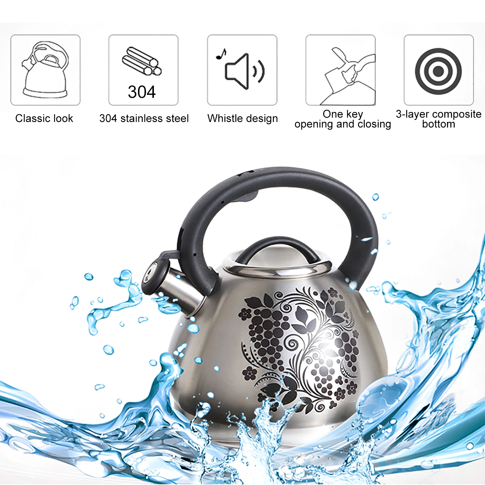 

Multifunctional 3L Stainless Steel Magnetic Thickened Hemispherical Bottom Kettle Electric Induction Stove Kettle Camping Teapot