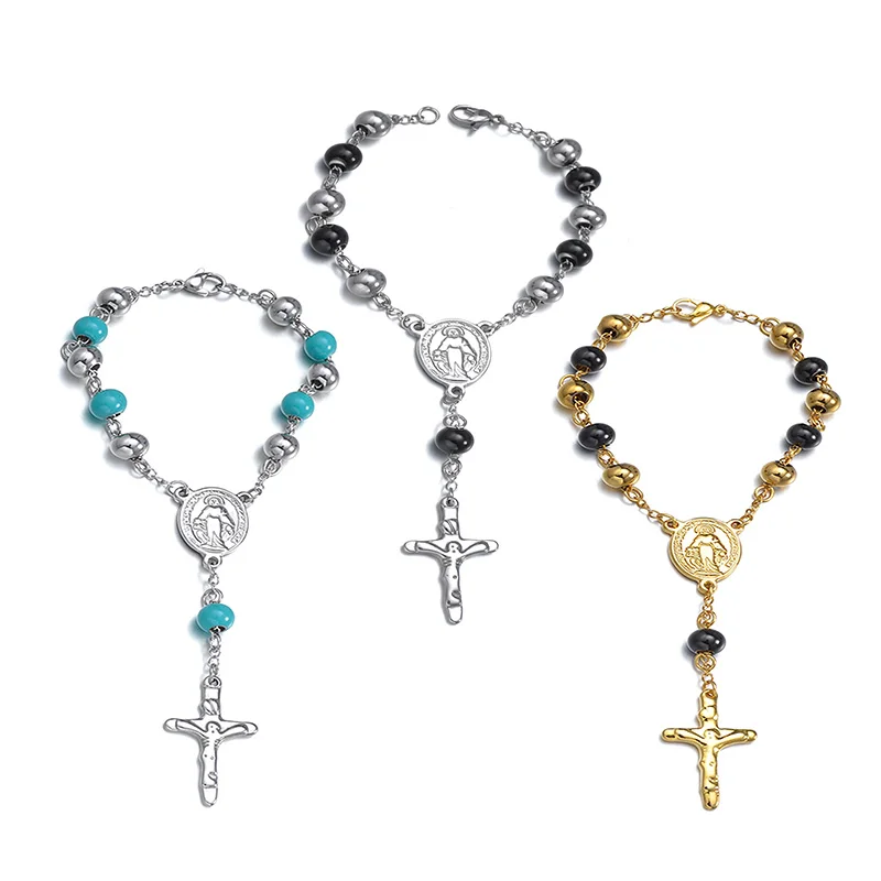 

8mm Stainless Steel Jesus Cross Link Chains Bracelet Gold Silver Color Strand Beads Bracelet for Women Men Religious Jewelry