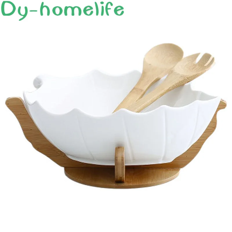 

Nordic Multi-model Wooden Base White Bathtub Leaf Ceramic Fruit Plate Home Kitchen Supplies Fruit Plate Salad Bowl Decoration