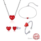 Классический 925 стерлингового серебра Ювелирные наборы ожерелье Красное сердце + серьги + кольцо + браслет для женщин, подарок