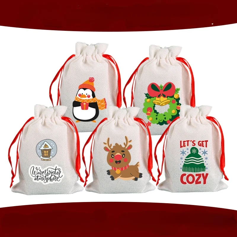 

10x14cm Thick Imitation Linen Drawstring Drawstring Bag Christmas Candy Gift Decoration Linen Bag Sundries Biscuit Storage Bag