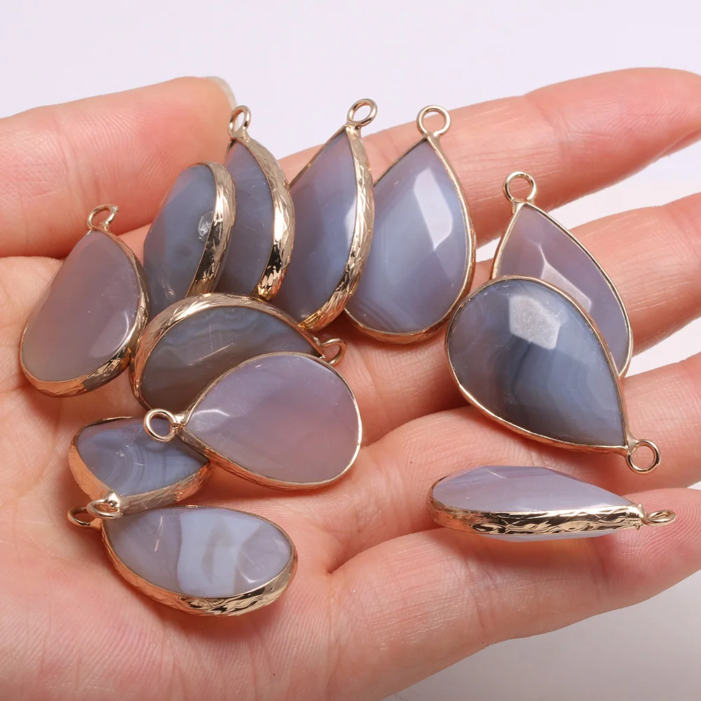 

2Pcs Natural Stone Agates Pendants Faceted Gold plated Grey Agates for Jewelry Making Exquisite Earrings Necklace for Women