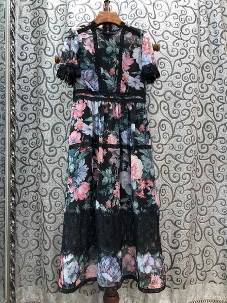 

Fashion Summer Newest Dress 2021 High Quality Women Beautiful Flower Print Sexy Lace Patchwork Short Sleeve Mid-Calf Dress Noble