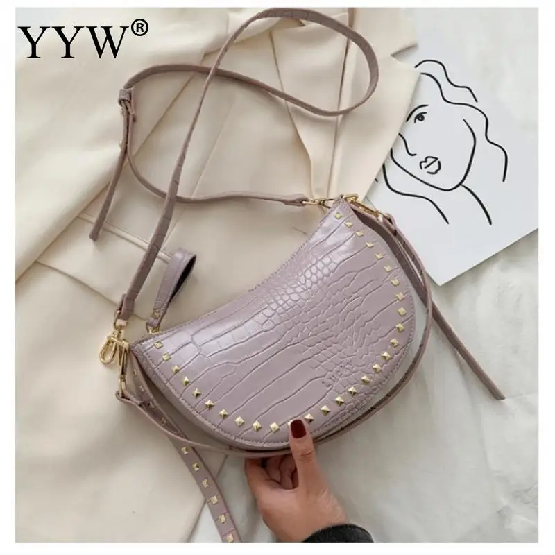 

2020 Fashion Mini Shoulder Bag Half Round Handbags Condy Color Crossbody Bags For Women Rivet Purple Underarm Bag Purse Bolsos