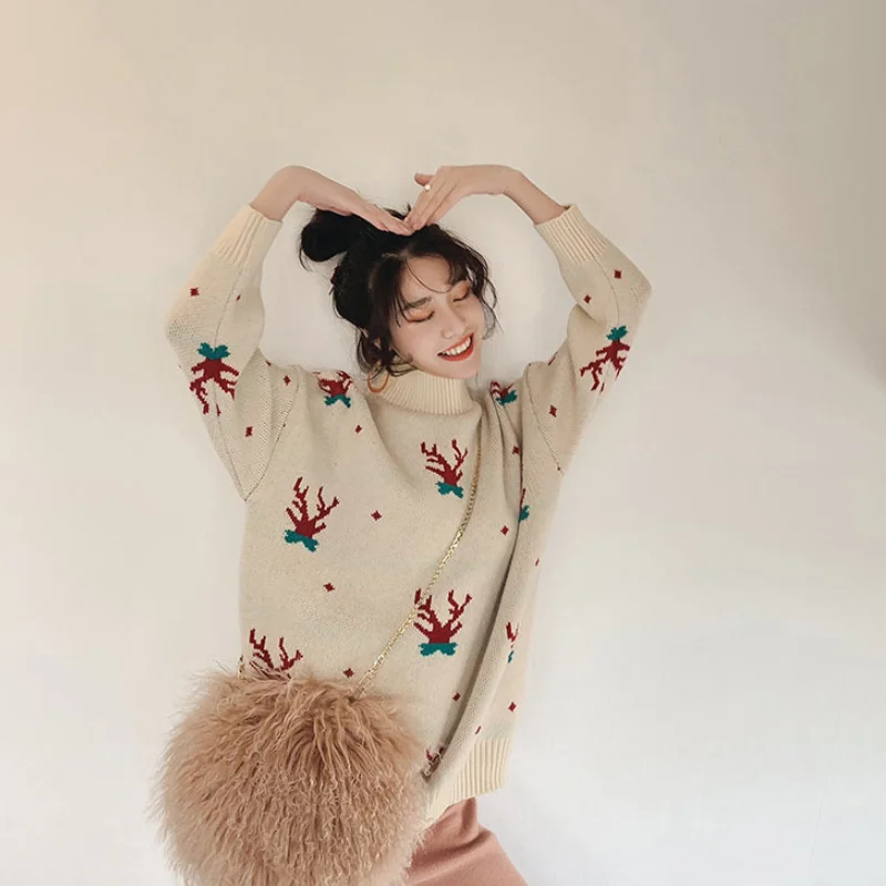 

Christmas Sweater Women Classic Christmas Deer Warm Knitted Long Sleeve Sweater Jumper Top Blouse Winter Coat